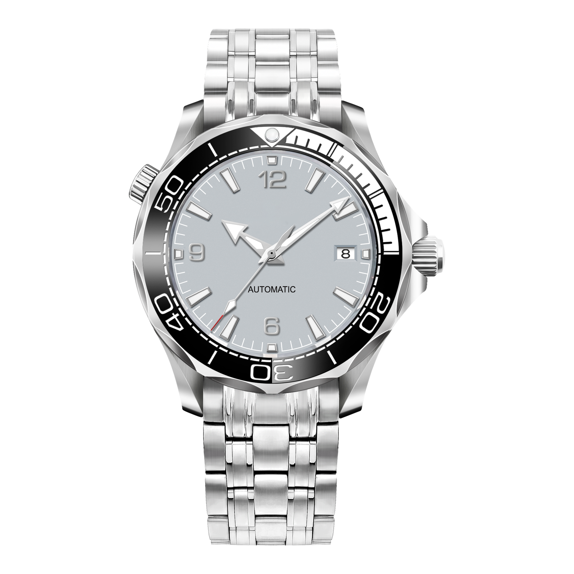 Silver automatic diver-style watch with a light gray dial, black bezel, and metal bracelet