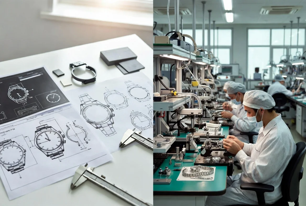 OEM vs ODM Watch Manufacturing Visual Comparison – Design Sketches Meets Assembly Line Side-by-side view of custom watch design CAD drawings and sketches next to a modern watch assembly line, illustrating the core choice between brand-led OEM and factory-platform ODM manufacturing for watch brands