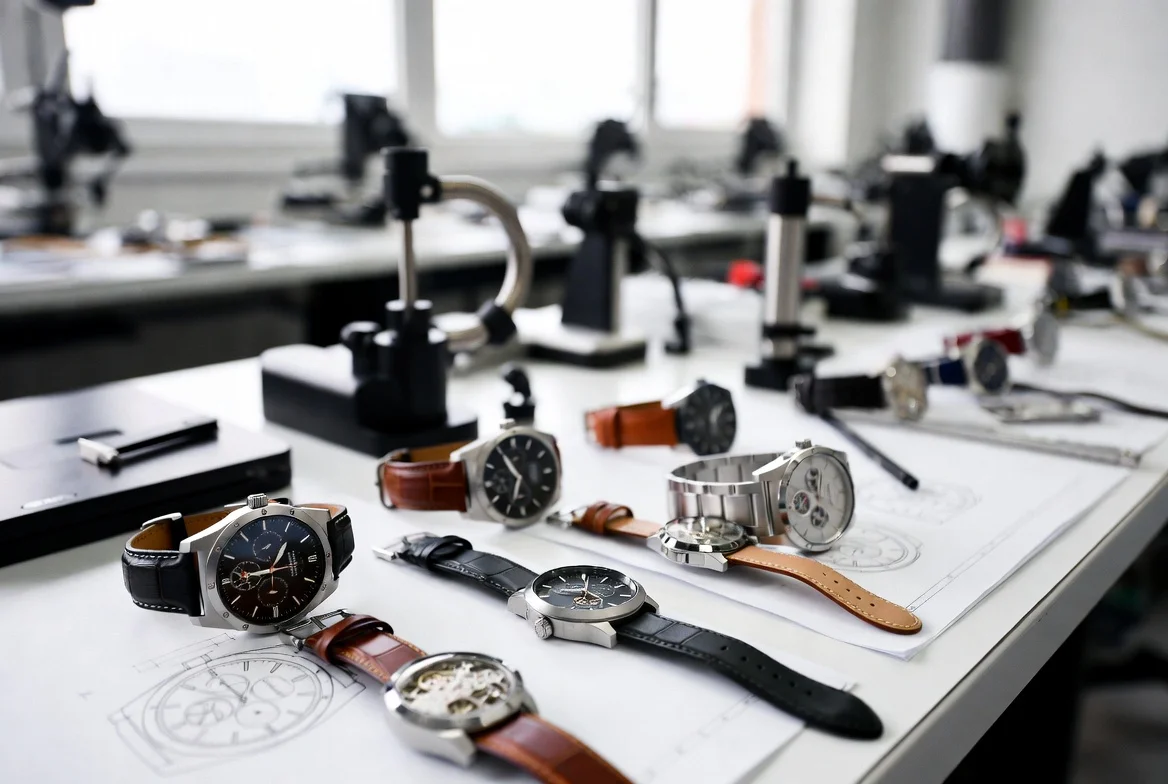 OEM Watches Concept – Branded Timepieces with Factory Technical Drawings Professional workshop table showing finished watches carrying custom brand logos next to technical design drawings and measurement tools, illustrating how OEM watches are produced by a factory and sold under the client’s brand name