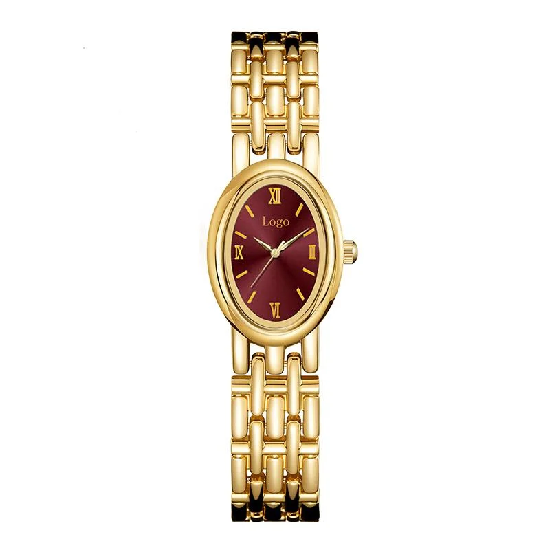 Gold-tone oval dress watch with a burgundy Roman numeral dial and matching metal bracelet
