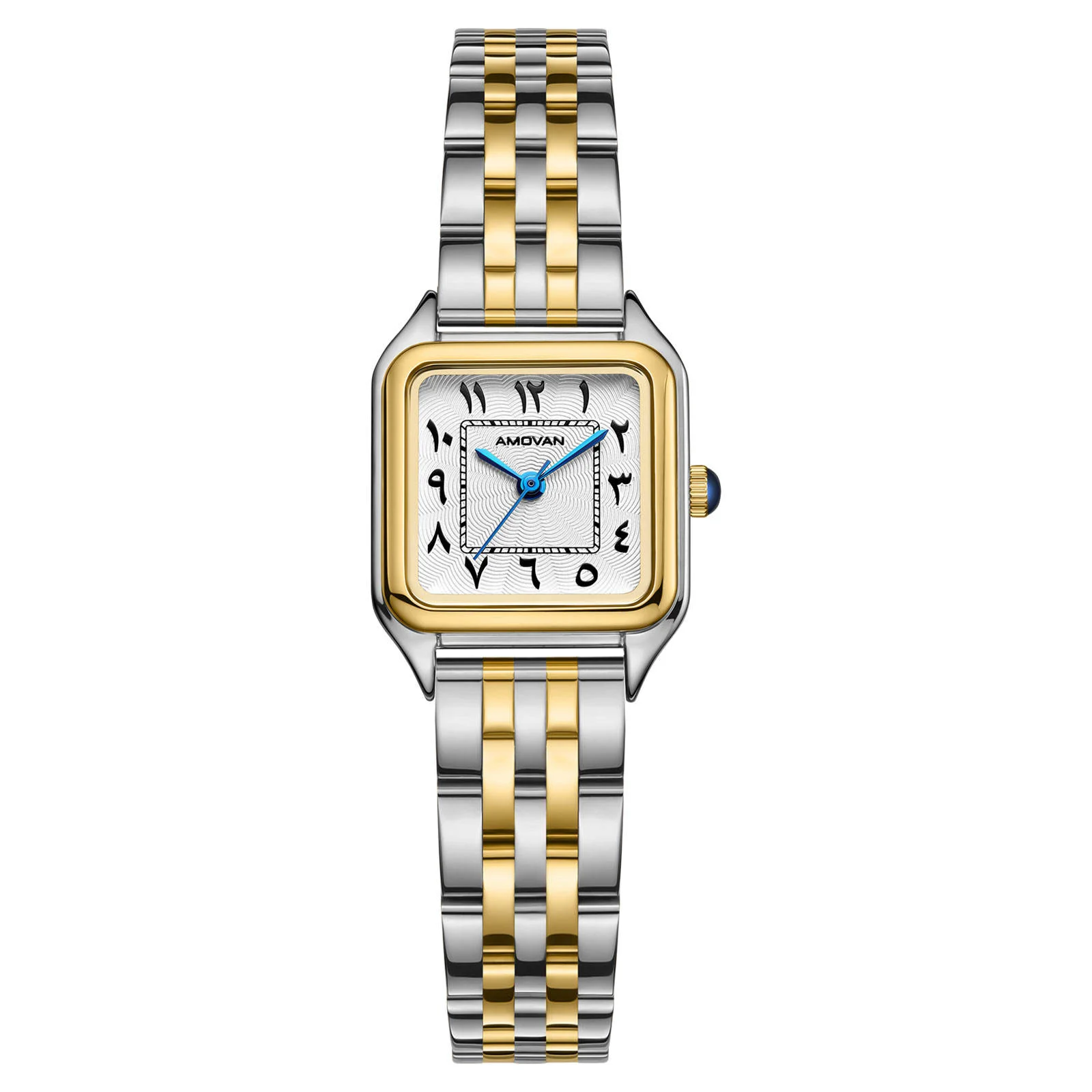 Rectangular women’s watch with a silver dial, blue hands, and two-tone metal bracelet